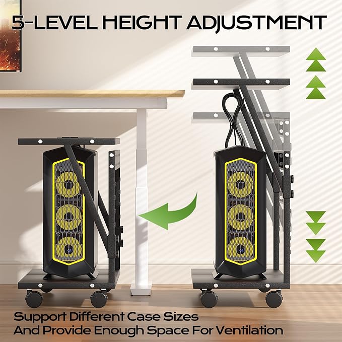 24In Large PC Stand, 5 Levels Height Adjustable Computer Tower Stand with Charging Station, Wheels and Hooks, CPU Holder Cart for Floor, Carpet and Under Desk, Easy Assembly（with Power Strips）