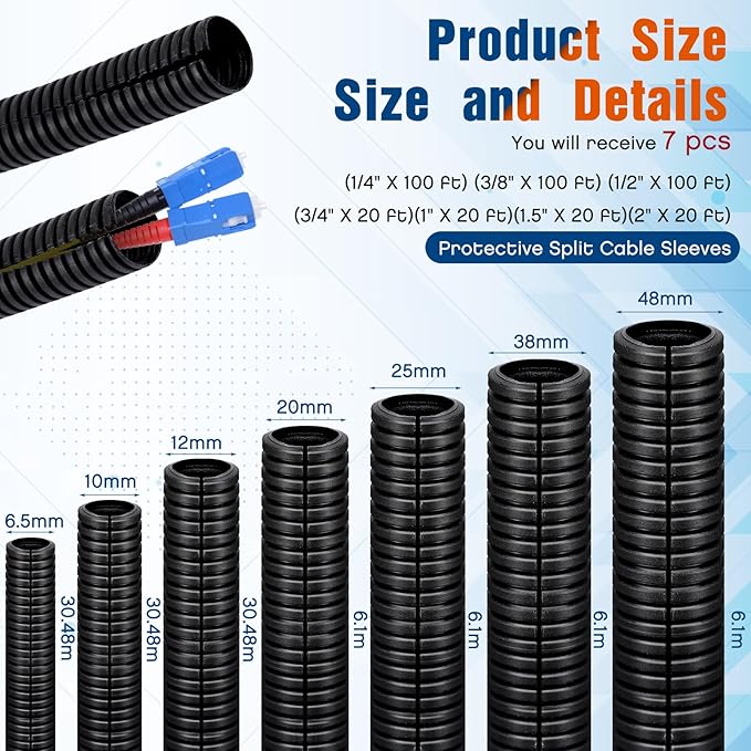 Sasylvia 1/4, 3/8, 1/2'' x 100 Ft, 3/4, 1, 1.5, 2'' x 20 Ft Split Wire Loom Tubing Wire Loom Assortment Split Cable Sleeves Bulk Flexible Electrical Conduit Protective kit