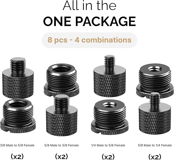 IXTECH Mic Stand Adapter Set 8 pieces Metal Microphone Stand Screw Thread Adapter 5/8 Female to 3/8 Male 3/8 Female to 5/8 Male 5/8 Female to 1/4 Male 1/4 Female to 5/8 Male Tripod Adapter ADP02A Blck