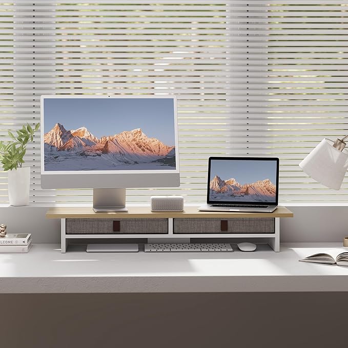 Fenge Monitor Stand with Drawer, 2 Tiers Dual Monitor Riser for Desk, 35 Inch Computer Stand for 2 Monitors, Desk Shelf for Home, Office, Laptop, PC, TV, Printer