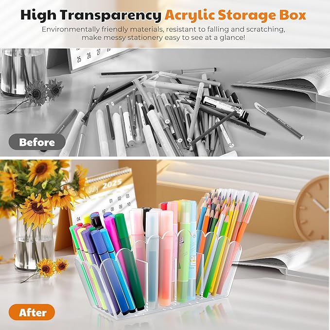Scalloped Acrylic Pencil Holder – Clear Desk Organizer with 4 Compartments – Makeup Brush Holder & Remote Caddy for Office, Bathroom, Table – Party Accessory （4-Comp）