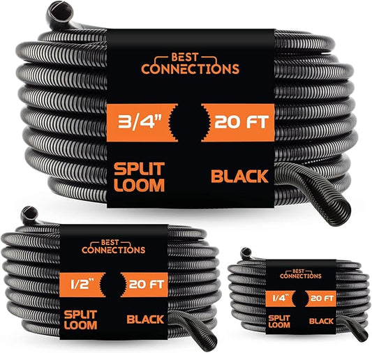 BEST CONNECTIONS Split Wire Loom Flex-Guard Convoluted Tubing Protective Split Cable Sleeves for Auto Home Industrial Electrical Wires Chemical Resistant Conduit Black (1/4", 1/2", 3/4" - 20 ft)