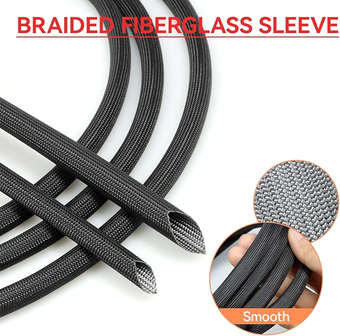 Braided Fiberglass Sleeve, 10ft High Temp Cable Sleeve, Flexible Cable Management Cable Protector for Car Wire Loom Protection (Black, 3/8")