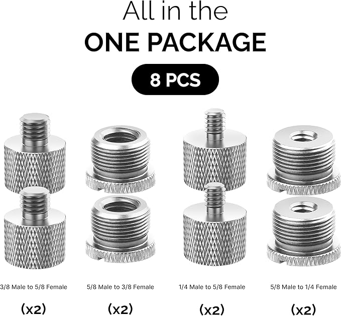 IXTECH Mic Stand Adapter Set - 8pcs Metal Tripod Adapter - 5/8" to "3/8" & "1/4" Male/Female Threads - ADP01 Silver