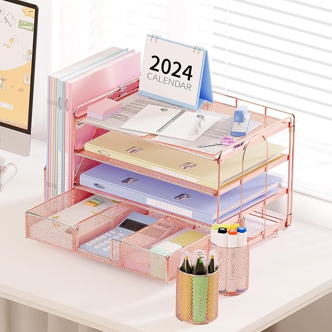 OPNICE Desk Organizer, 4-Tier Desktop File Organizer with Drawer and 2 Pen Holders, Office Desk Accessories, File Sorters, Workspace Organizers for Office Supplies(Rose Gold)