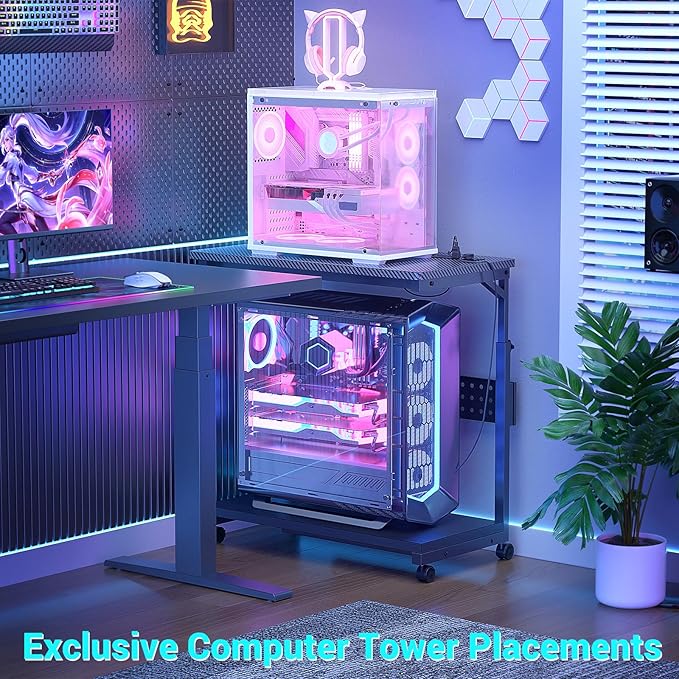 32" Large Computer Tower Stand with Power Strips, 4 Levels Manual Height Adjustable PC Tower Stand for Under Desk, Mobile Rolling CPU Holder Computer Cart with Wheels, Carbon Fiber Black