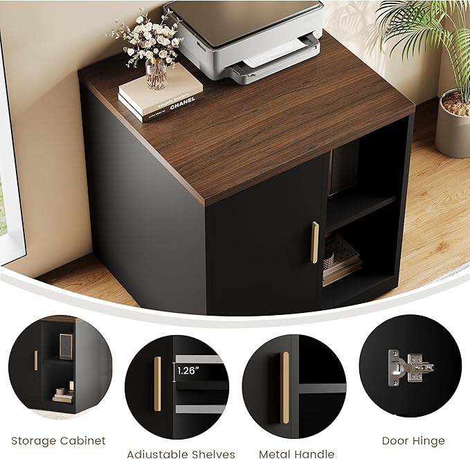 File Cabinet Under Desk Storage Cabinet with Door, Printer Stands with Open Adjustable Shelves, 23" Tall End Side Table for Office, Living Room, and Study, Black Walnut