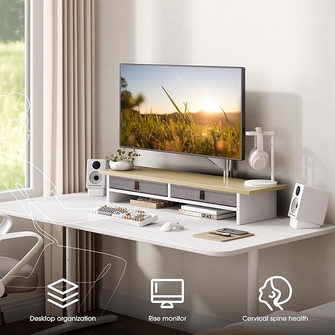 Fenge Monitor Stand with Drawer, 2 Tiers Dual Monitor Riser for Desk, 35 Inch Computer Stand for 2 Monitors, Desk Shelf for Home, Office, Laptop, PC, TV, Printer