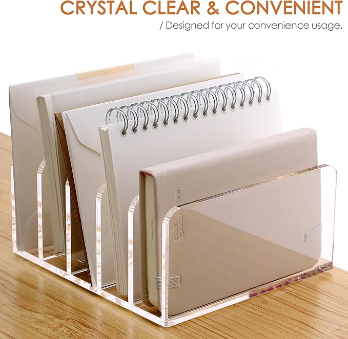 SANRUI Acrylic Desk Organizer, 5 Compartments Mail Organizer,Small File Holders Letter Organizer,Clear Office Organization,Multifunction Sorter Envelope Rack for Office,Home, School