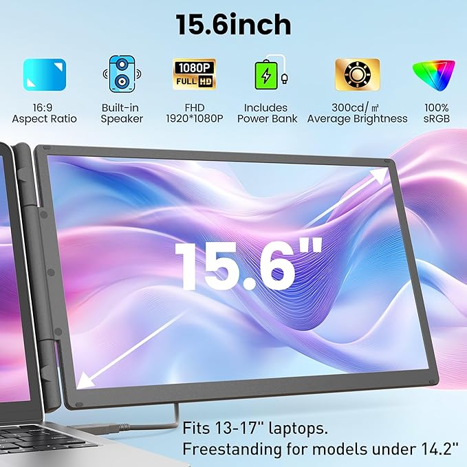 KEFEYA 15.6" Laptop Screen Extender, Includes Power Bank, FHD 1080P IPS Triple Laptop Monitor Extender for 13-17" Laptops, Plug & Play with HDMI/USB-A/TYPE-C/Hub, Compatible with Windows, Mac, Android