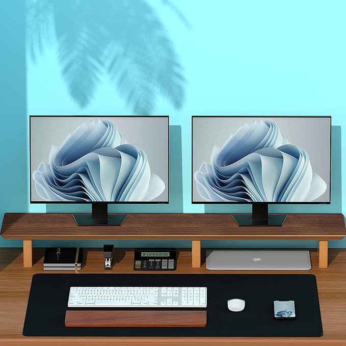 Aothia Large Dual Monitor Stand Riser, Solid Wood Desk Shelf with Eco Cork Legs for Laptop Computer/TV/PC/Printers, Perfect Desktop Stands Organizer with Underneath Storage for Office Accessories