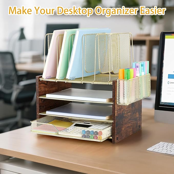 OPNICE Gold Desk Organizers and Accessories,4-Tier Desktop File Organizer with Drawer, Wood Paper Organizer with 5 Vertical File Holders and Pen Holder for Office Supplies