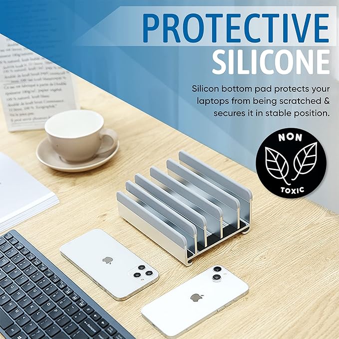 Elestoria 5- Slot Vertical Laptop Stand - Aluminum Laptop Stand Vertical for Desk - Adjustable Width (12-38mm) Fits MacBook Pro/Air, Surface & Gaming Laptops upto 17.3"-Heavy Duty Laptop Holder-Silver