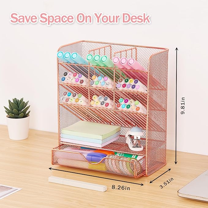 Spacrea Pen Holder Desk Organizer - Desk Organizers and Accessories, Pencil Holder with 10 Compartments and 1 Drawer（Rose Gold）