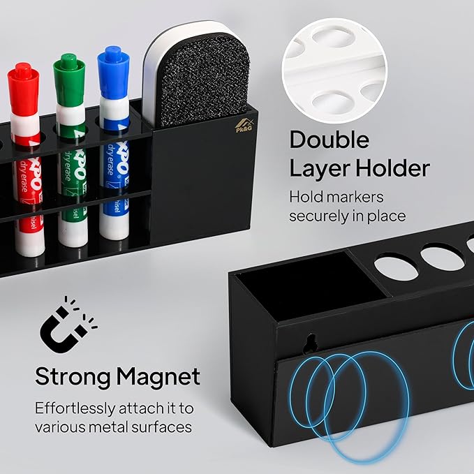 Slim Magnetic Dry Erase Marker Holder for Whiteboard, Space Saving Pen Organizer with Glass and Wall Mount Accessories for Fridge, Office, and School. Markers, Eraser, Cleaner Not Included (Black)
