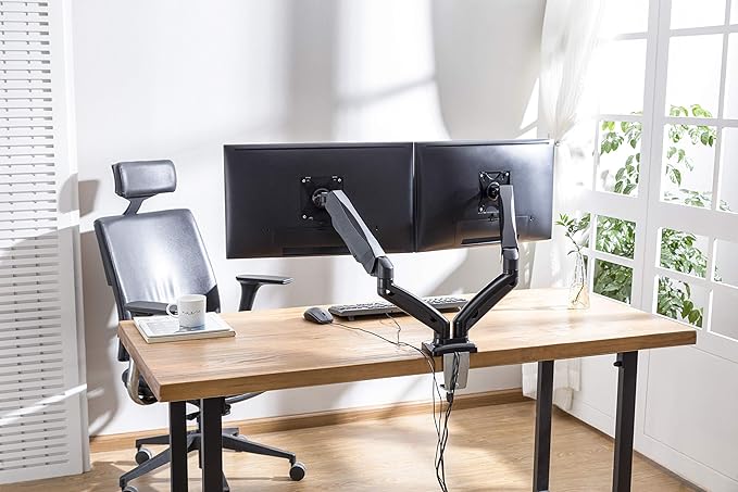 Rocelco Premium Double Monitor Desk Mount with USB 2.0 and Audio Port - Fits Dual 13" - 27" LED LCD Flat Screens - Pneumatic Full Motion Assist Adjustable Arm - Grommet and C Clamp - Black (R MA2)