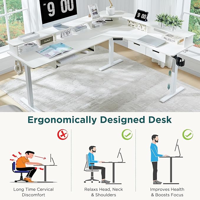 RedLemon 75X60 Inches L Shaped Electric Standing Desk, Height Adjustable Corner Gaming Desk with Drawers, Keyboard Tray, Power Outlets & LED Lights, Computer Desk with Monitor Shelf, Antique White