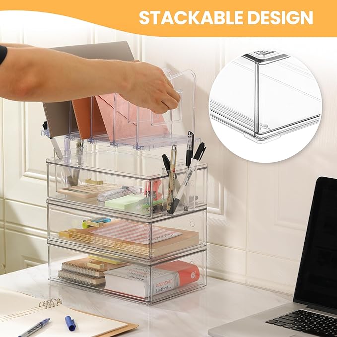 Acrylic Desk Organizer with 4-Vertical File Holder Rack, 3-Clear Drawer and 2 Pen Holders, Desktop Storage for Office Desk Accessories School Classroom Organization (Clear)