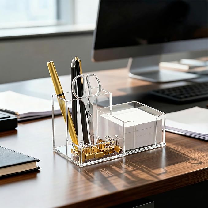 HBlife Acrylic Pen Holder for Desk, 3-Compartment Small Desk Organizer, Clear Office Supplies Desk Accessories with Sticky Notes Holder Stores Post It Notes 3X3 for Office, Home and School