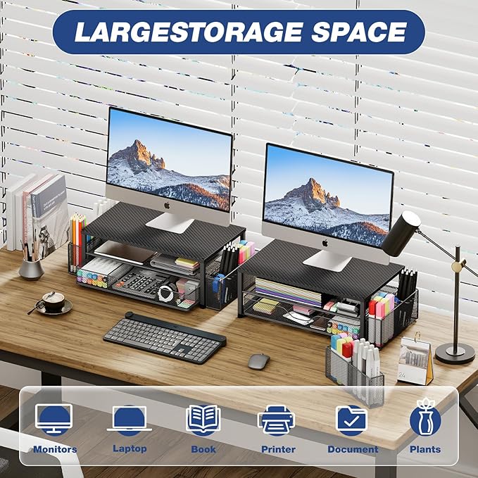 OPNICE Desk Organizer and Accessories, 2-Tier Computer Monitor Stand with Drawer and 2 Pen Holders, Laptop Stand, Office Desk Accessories for Office Supplies, Carbon Fiber