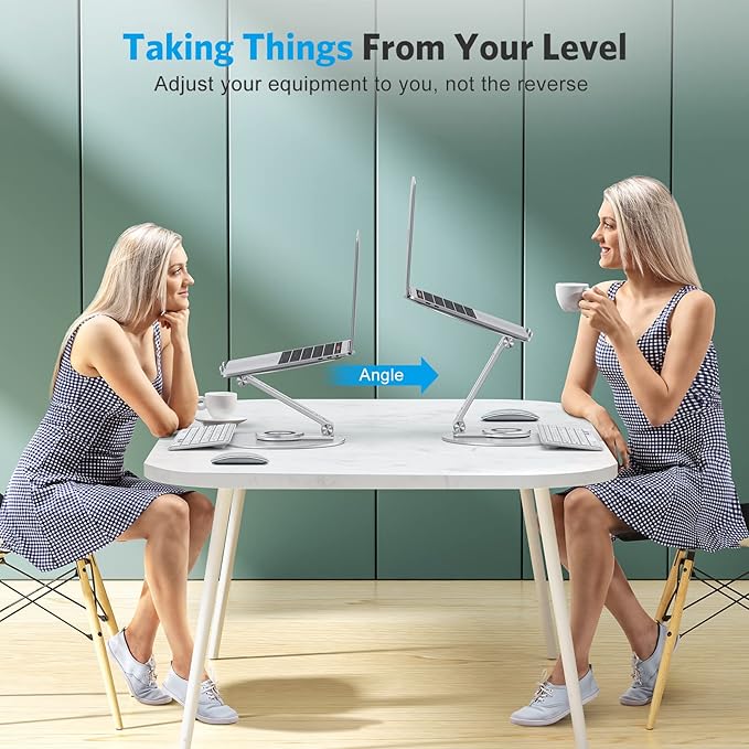 OMOTON Adjustable Laptop Stand with 360 Rotating Base, Ergonomic Laptop Riser for Collaborative Work, Dual Rotary Shaft Fully Foldable for Easy Storage, Fits All Laptops up to 16 inches, Silver