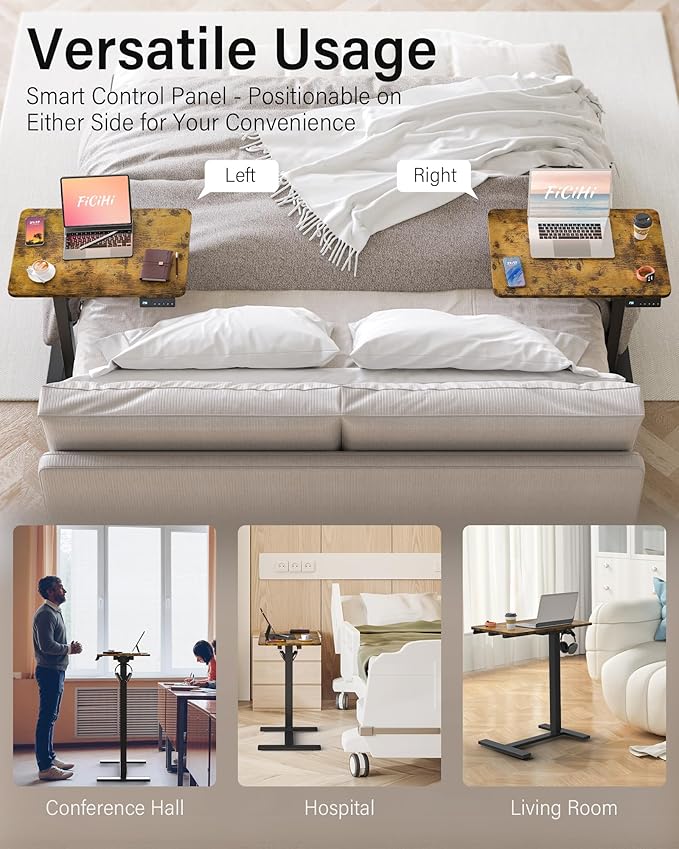 FiCiHi Small Electric Standing Desk - Adjustable Height Bedside Laptop Table with Wheels, Mobile, Portable Rolling Computer Workstation Sit Stand Table for Home Office,Sofa,Couch(28x16,Rustic Brown)