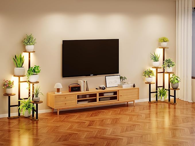 Corner Plant Stand Indoor with Grow Lights, 6 Tiered Corner Plant Shelf Flower Stand for Multiple Plants, Plant Shelves Organizer Rack for Living Room, Balcony, Patio, Round Rustic Brown