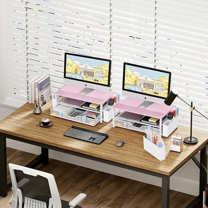 OPNICE Desk Organizers and Accessories, 2-Tier Computer Monitor Stand Riser with Drawer and 2 Pen Holders, Laptop Stand, Office Desk Accessories for Office Supplies, Pink Wood