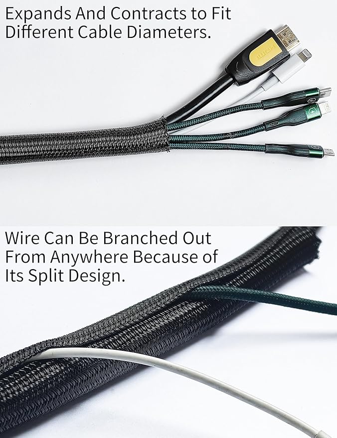 Cable Management Split Wire Loom Sleeve - Cord Hider & Protector for Desk, Pet Chew Proof, Wire Cover Organizer, Flexible Tube for Wires and Cables (5/16 Inch 25FT, Black)