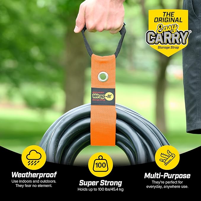 Easy-Carry Wrap-It Storage Straps - 22” (2-Pack) Blaze Orange with Grommet - Extension Cord Storage Holders and Carrying Straps for Garden Hose Storage