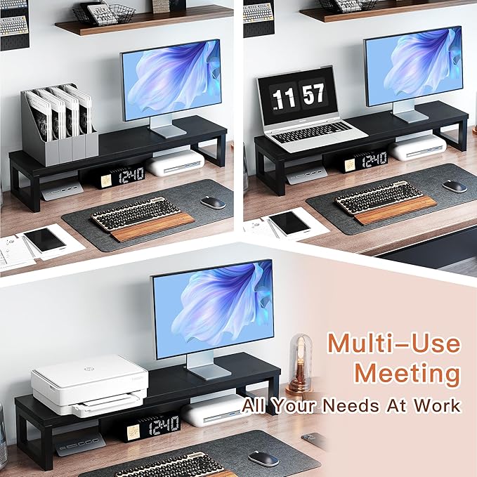 Dual Monitor Stand Riser, Wood and Steel Monitor Stand for Desk, Multi-Purpose Desk Shelf Organizer for Computer, Laptop, Printer, TV, Black