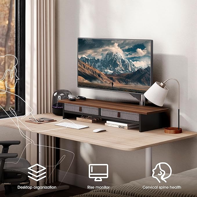 Fenge Monitor Stand with Drawer, 2 Tiers Dual Monitor Riser for Desk, 35 Inch Computer Stand for 2 Monitors, Desk Shelf for Home, Office, Laptop, PC, TV, Printer