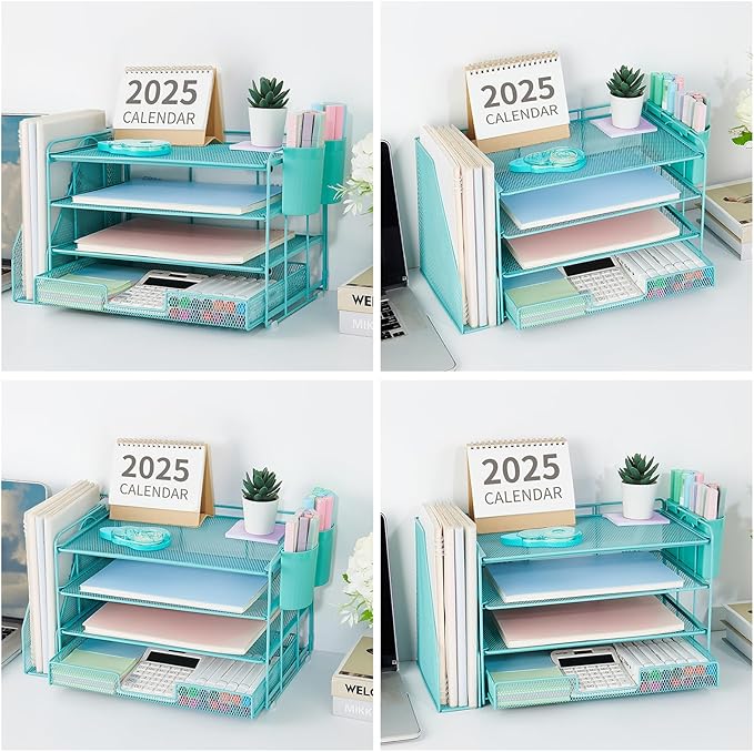 OPNICE Desk Organizer, 4-Tier Desktop File Organizer with Drawer and 2 Pen Holders, Office Desk Accessories, File Sorters, Workspace Organizers for Office Supplies(Teal Blue)
