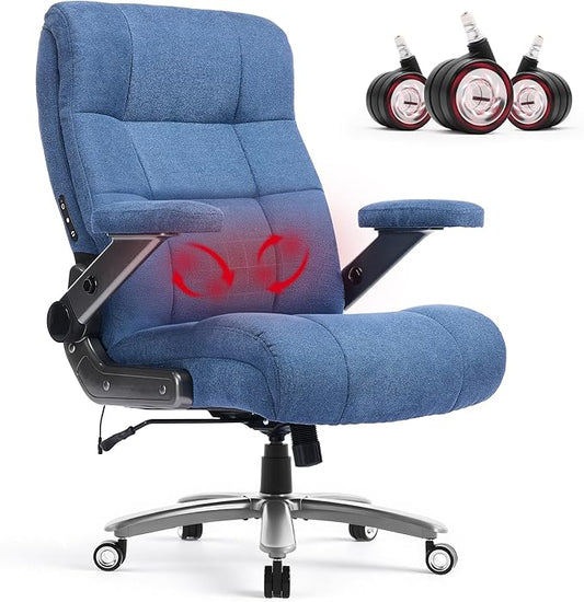 600LBS Big and Tall Massage Office Chair, Extra Wide Seat - 3D Kneading Massage & Heat Office Chair with Heavy Duty Metal Base, 3D Flip Arms, Fabric Ergonomic with Thick Spring Cushion