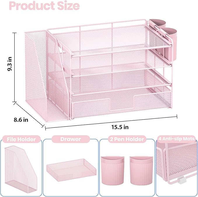 OPNICE Desk Organizer, 4-Tier Desktop File Organizer with Drawer and 2 Pen Holders, Office Desk Accessories, File Sorters, Workspace Organizers for Office Supplies(Pink)