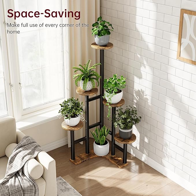 Corner Plant Stand Indoor with Grow Lights, 6 Tiered Corner Plant Shelf Flower Stand for Multiple Plants, Plant Shelves Organizer Rack for Living Room, Balcony, Patio, Round Rustic Brown
