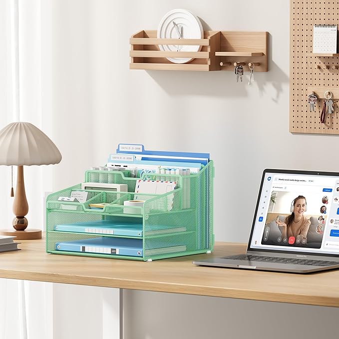 Lavatino Desk Paper File Organizer - Metal Mesh with 2 Letter Trays, 7 Flexible Dividers, 2 Vertical File Folder Holders for Office/Home/Classroom Supplies, Desk Organizers and Accessories, Green