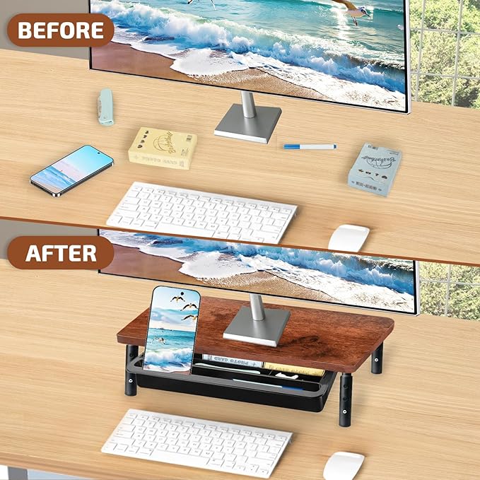 Monitor Stand, Rich Brown Monitor Riser, Monitor Stand for Desk, Stand Monitor, Solid Wood & Metal Computer Monitor Stand, Ergonomic TV Riser Block, 1 Pack, Rich Brown, 14.5 Inch