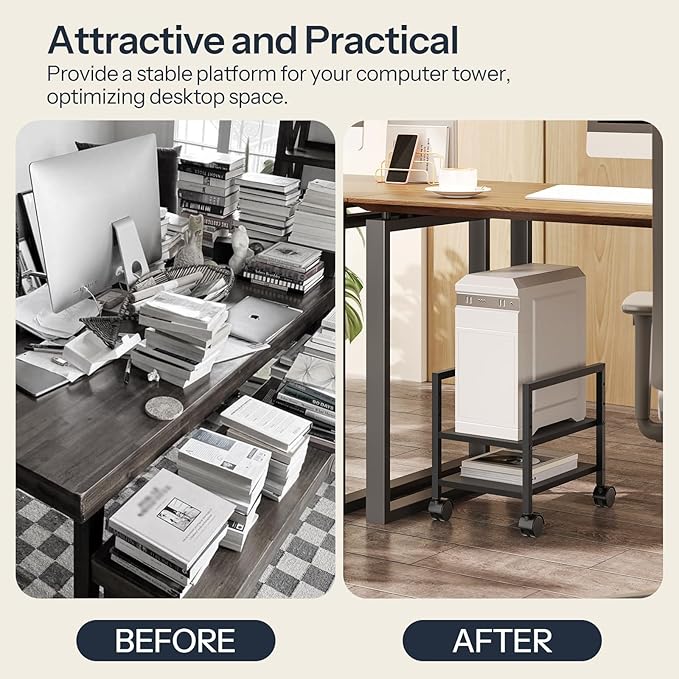 HOOBRO PC Stand, 2-Tier PC Tower Stand Fits Most Computer Towers, CPU Holder for Floor, Height Adjustable, CPU Stand with Wheels Under Desk, for Home Office, Black BB11CJ01