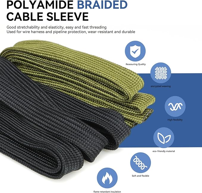 Polyamide Braided Sleeving, 33ft Expandable Wire Loom Abrasion Resistant Split Cable Sleeve for Automotive Harness, Computer Case & Cable Management (Black, 40mm（1-9/16"）)
