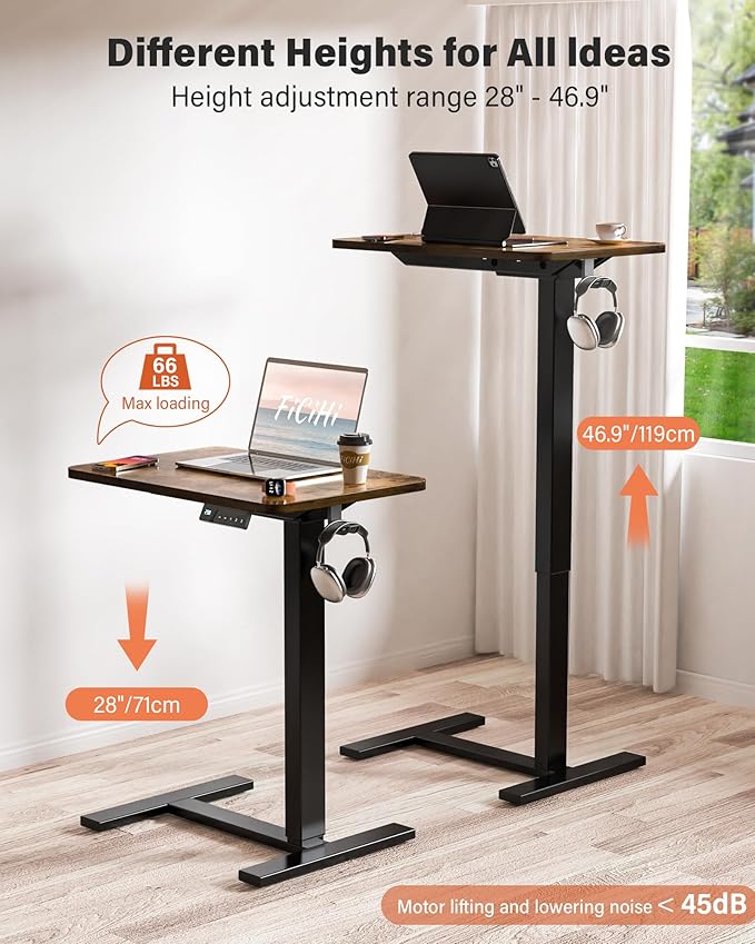 FiCiHi Small Electric Standing Desk - Adjustable Height Bedside Laptop Table with Wheels, Mobile, Portable Rolling Computer Workstation Sit Stand Table for Home Office,Sofa,Couch(28x16,Rustic Brown)