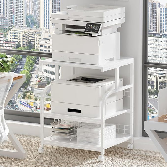 Lerliuo Large Printer Stand with Storage, 23.6"W x 18.9"D x 30.2"H, 5-Adjustable Shelf Heights Mobile 3 Tier Table with Lockable Wheels, Industrial Rolling Printer Cart, White Stands for Home Office