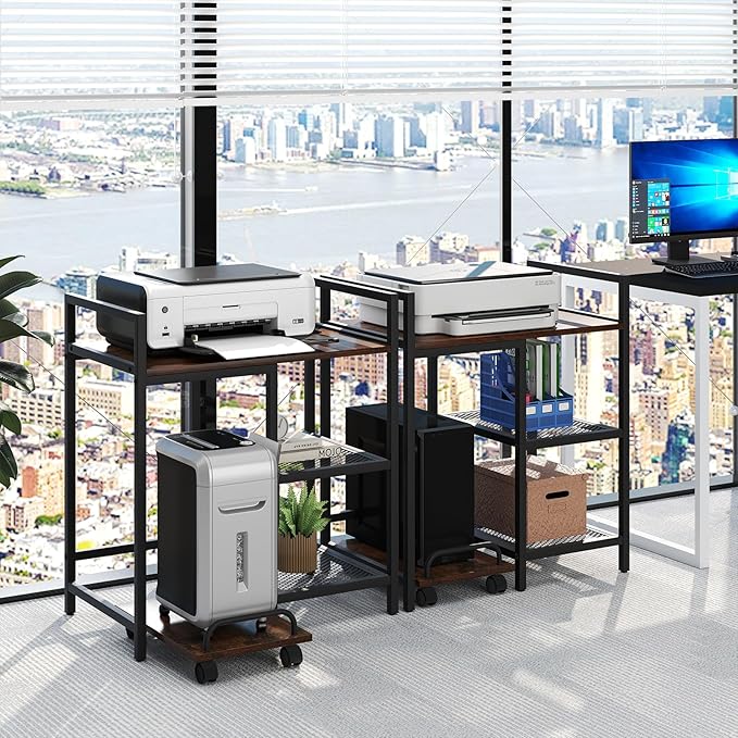 Giantex 3-Tier Printer Stand with Charging Station, 2 Open Storage Shelves, Side PC Stand on Wheels, 25" x 16" Mobile Printer Table for Computer Tower, Printer Shredder, Fax, Under Desk, Home Office