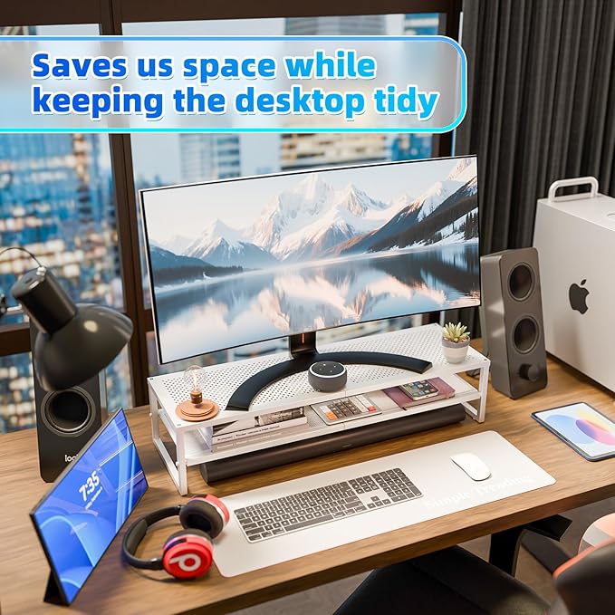Simple Trending 2 Tier Metal Dual Monitor Stand Riser, Computer Office Desktop Organizer for 2 Monitors with 32"x10" Mouse Pad for Laptop, Printer, TV, White