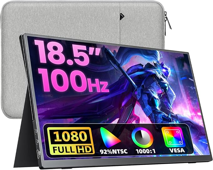 Portable Monitor 18.5" FHD 130% sRGB 100Hz IPS HDR HDMI USB-C Travel Monitor for Laptop MacBook PC Surface PS5 Xbox, Large External Display with Cover & Speakers, VESA Compatible