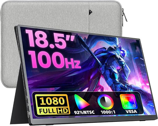Portable Monitor 18.5" FHD 130% sRGB 100Hz IPS HDR HDMI USB-C Travel Monitor for Laptop MacBook PC Surface PS5 Xbox, Large External Display with Cover & Speakers, VESA Compatible