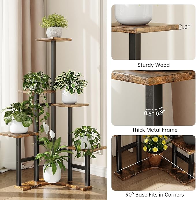 Corner Plant Stand Indoor, 6 Tiered Corner Plant Shelf Flower Stand for Multiple Plants, Plant Shelves Organizer Rack for Living Room, Balcony, Patio, Garden, Square Rustic Brown