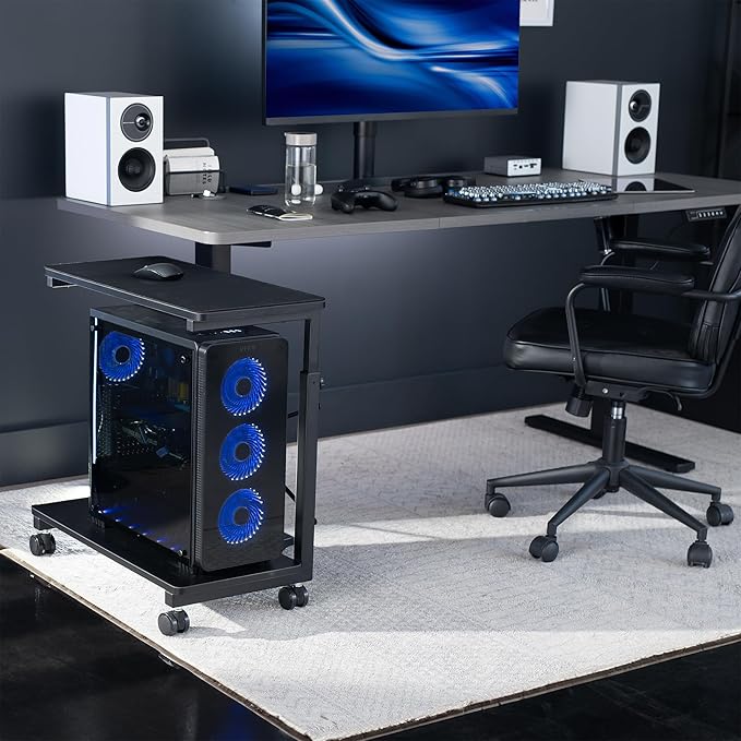 VIVO Large Mobile Adjustable 2-Tier PC Stand, Premium Gaming CPU Computer Tower and Mouse Storage, Rolling Floor Cart, Locking Caster Wheels, Black, CART-PC03P