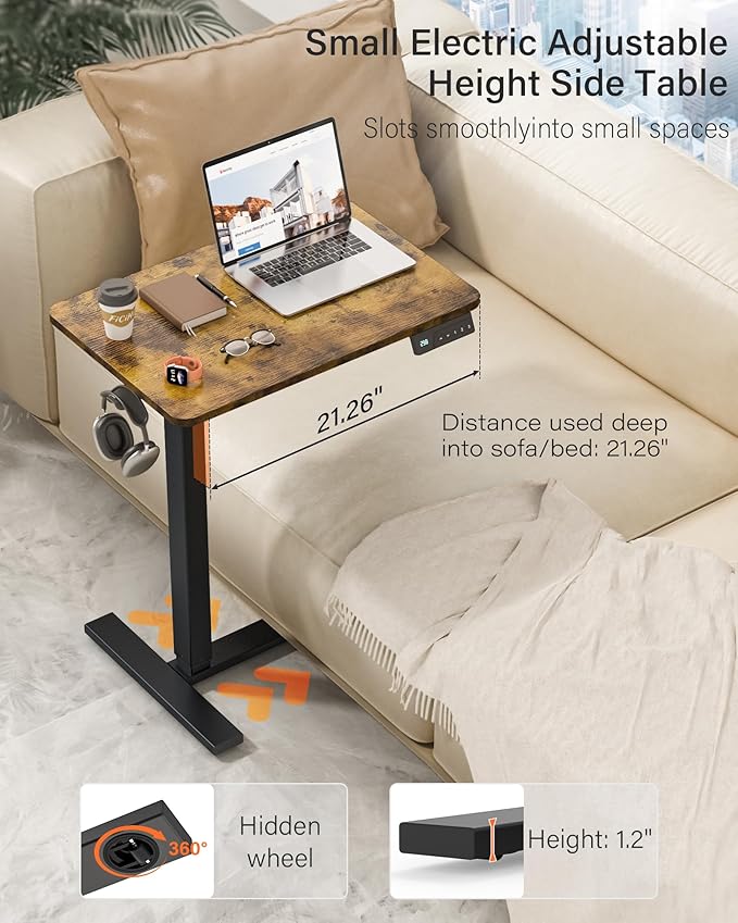 FiCiHi Small Electric Standing Desk - Adjustable Height Bedside Laptop Table with Wheels, Mobile, Portable Rolling Computer Workstation Sit Stand Table for Home Office,Sofa,Couch(28x16,Rustic Brown)