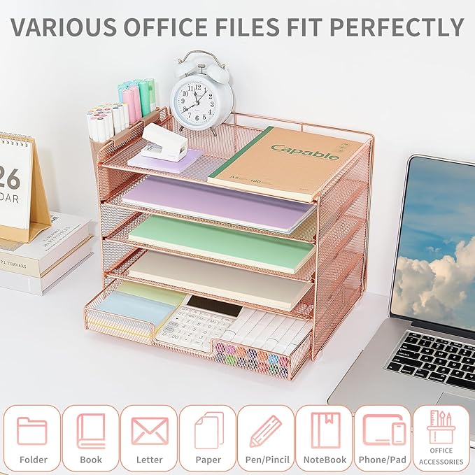 Desk Organizer and Accessories, 5-Tier Paper Letter Tray Organizer with Drawer & 2 Pen Holders for Desktop File Organization, Office Desk Accessories for Supplies Storage (Rose Gold)